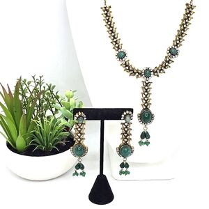 Vtg Green Stone Aventurine Malachite Rhinestone Gold-ton Drop Necklace Earrings